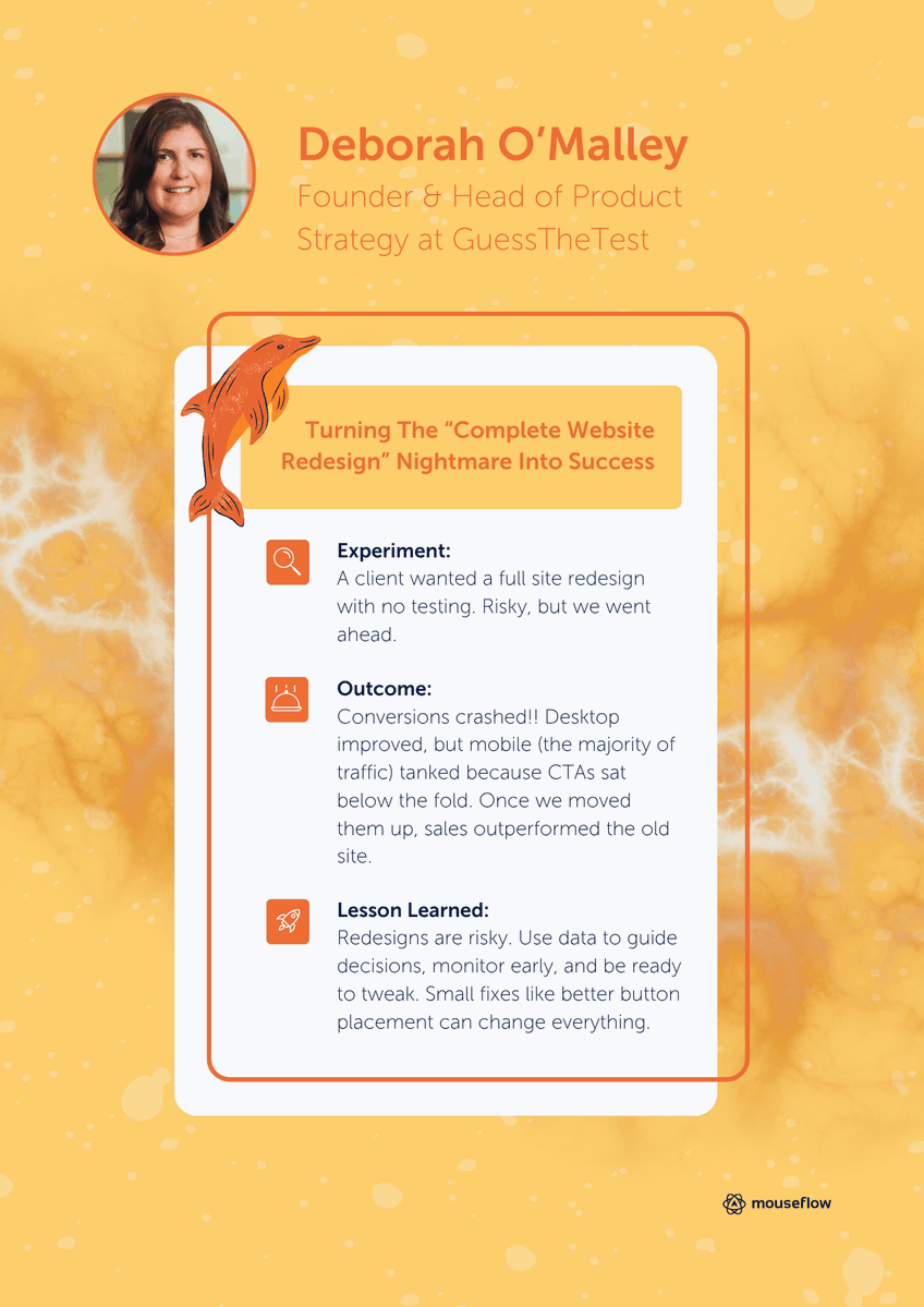 mouseflow's tweet image. Every CRO has that one “beautiful redesign” story that killed conversions.
For Deborah, it was one CTA... buried below the fold.
Once they moved them up, conversions outperformed the old site.
👉 Read more stories like Deborah’s: mouseflow.com/guides/cro-jou…
#CRO #Optimization