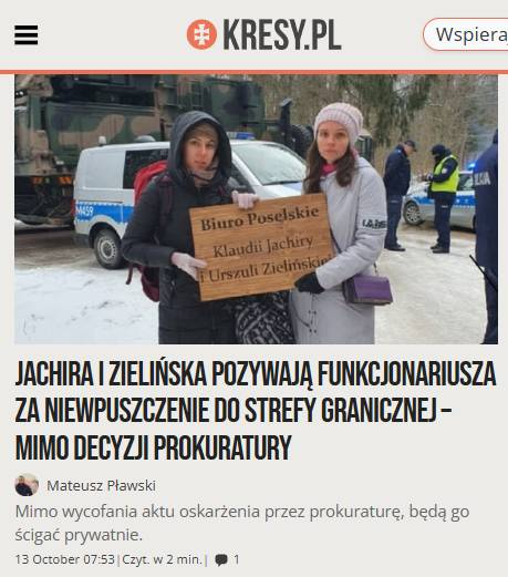 Jachira i Zielińska oskarżą policjanta za obronę granic. Prokuratura się wycofała, one nie

Posłanki Koalicji Obywatelskiej Klaudia Jachira i Urszula Zielińska zdecydowały się kontynuować batalię przeciwko policjantowi, który broniąc granicy RP, nie wpuścił posłanek do strefy