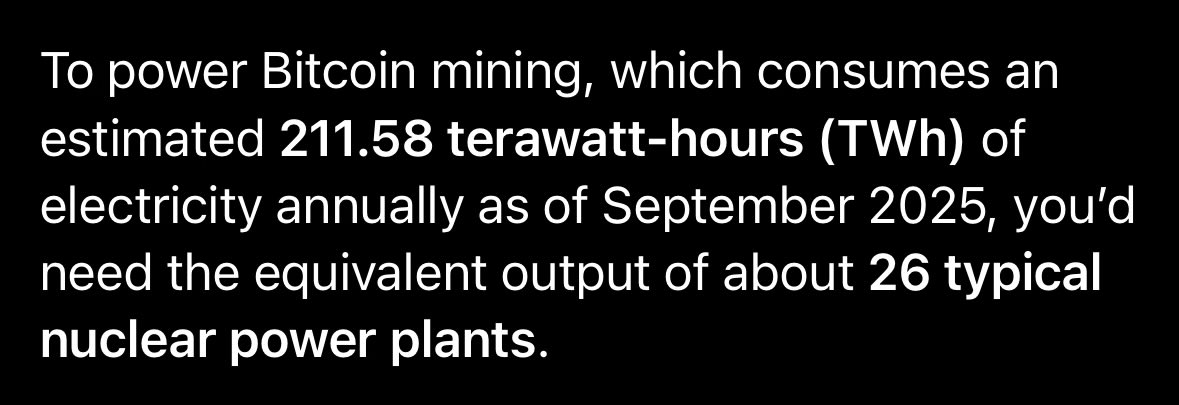 Peter Spina ⚒ GoldSeek | SilverSeek (@goldseek) on Twitter photo Bitcoin, the future of nothing, consumes 212 terawatt-hours of energy per year or 26 NUCLEAR POWER PLANTS. 
All that energy to send digital faxes over the network capable of 7 transactions per second. Bitcoin, the future of nothing, consumes 212 terawatt-hours of energy per year or 26 NUCLEAR POWER PLANTS. 
All that energy to send digital faxes over the network capable of 7 transactions per second.