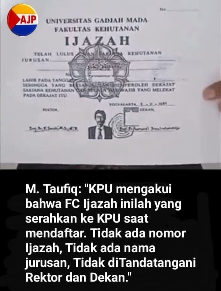 Ijazah Jokowi bodong!

"KPU mengakui bahwa fotokopi ijazah inilah yang diserahkan ke <a href="/KPU_RI/">KPU - RI</a> saat mendaftar. 
#JokowiJawaraKorupsi

Tidak ada nomor ijazah, tidak ada nama jurusan, tidak ditandatangani rektor dan dekan" (M. Taufik)
#JokowiJawaraKorupsi