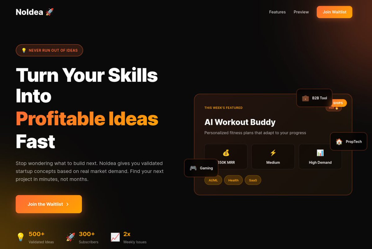 codebrainr's tweet image. How long to validate a startup idea properly?
Market research: 3 weeks
Competitive analysis: 1 week
Tech feasibility: 1 week
Revenue modeling: 1 week
Total: 6+ weeks
Or browse NoIdea: 5 minutes.
We did the research.
noidea.one