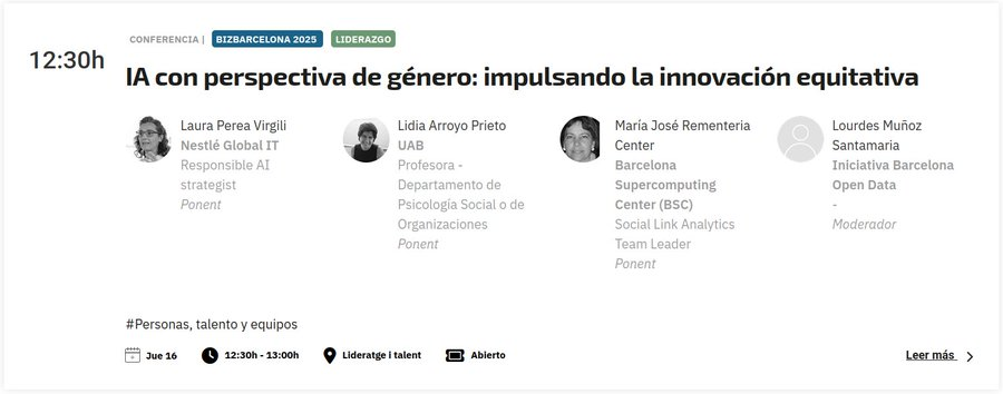 Esta semana nos encontrarás en la mesa redonda de #BIZBARCELONA25 sobre IA con perspectiva de género: impulsando la innovación equitativa.

@MJRementeria hablará sobre sesgos de sexo y género en salud e inteligencia artificial #IA.

▶️bizbarcelona.com/agenda/ia-con-…
