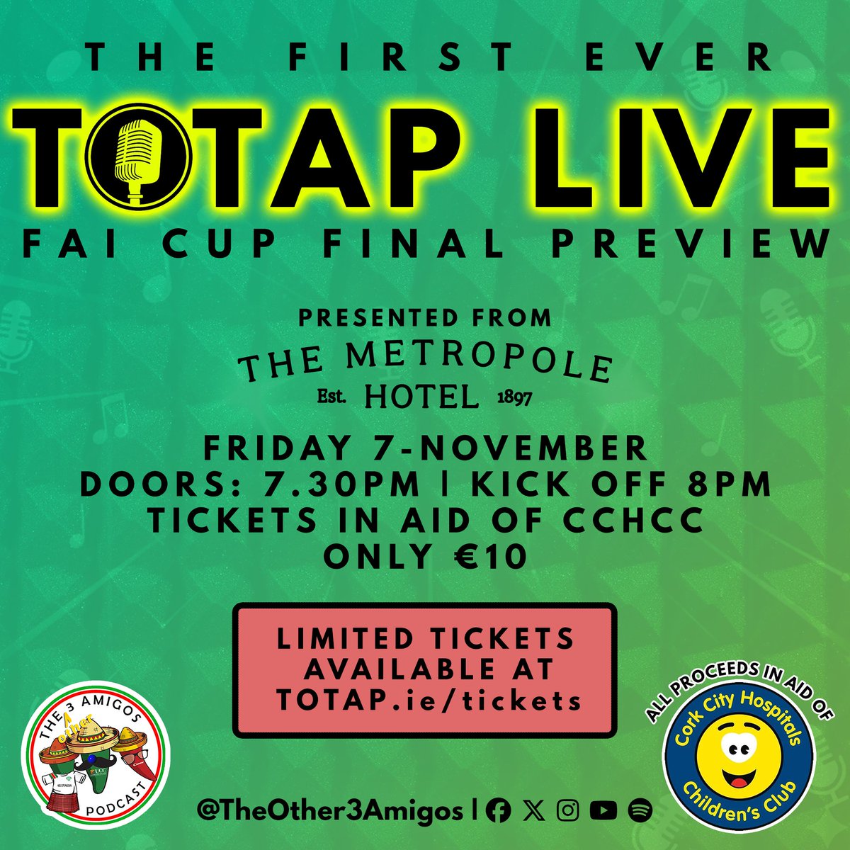TICKETS OUT NOW - totap.ie/tickets 

The First Ever TOTAP LIVE - all in aid of the Cork City Hospitals Children's Club! <a href="/ckchildrensclub/">CCH Children's Club</a> 

Friday, 7-November - FAI Cup Final Preview
Tickets only €10. 

#CCFC84 #TOTAP #RebelArmy