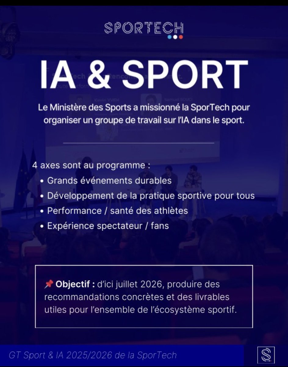 Le sujet de l’intelligence artificielle est clé pour l’écosystème du sport.
Ravi de contribuer avec <a href="/BCTG_Avocats/">BCTG Avocats</a> et Caroline Goupil à ce groupe de travail de la SporTech missionné par le <a href="/Sports_gouv/">Ministère des Sports 🇫🇷</a> 
Cette démarche collective passionnante déssinera le sport de demain.