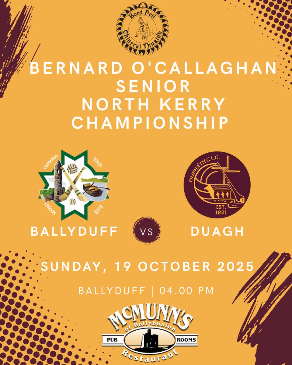 💪 Senior North Kerry Championship 💪

It’s time to kick off the championship! 🔥
<a href="/DuaghGAA1/">Duagh GAA</a> hit the road this Sunday to take on <a href="/BallyduffGAA1/">Ballyduff GAA Kerry</a> in what promises to be a cracking Round 1 clash.

📅 Sunday, 19th October 2025
📍 Ballyduff
⏰ 4:00 PM

<a href="/McMunnsBallyb/">McMunns Ballybunion</a>