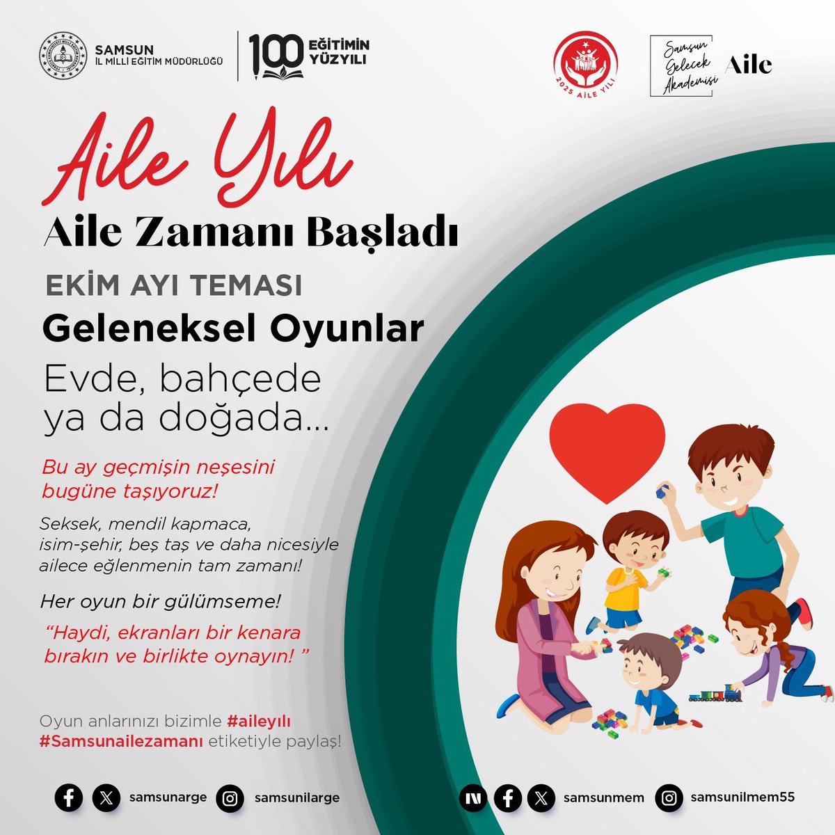 2025 Aile Yılı

 ✨Her ay farklı bir tema ile ailelerin birlikte eğlendiği, öğrendiği ve ürettiği etkinliklerde buluşuyoruz.

 📌Ailenle gerçekleştirdiğin etkinlikleri #AileYılı ve #Samsunailezamanı etiketleriyle paylaşmayı unutma!