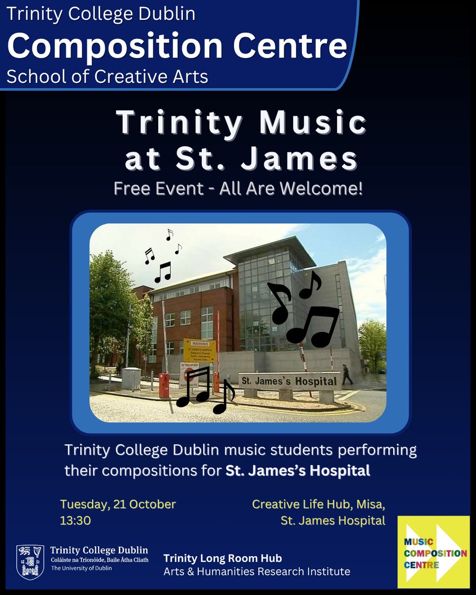 TCDcomposition's tweet image. Excited for next week’s concert by amazing 4th-year Trinity Music Composition students!
Join us at the Creative Life Hub, Misa Centre @stjamesdublin  for a free showcase of original music &amp;amp; fresh voices. All welcome! 💫
#TrinityMusic #LiveMusic #ArtsAtTrinity