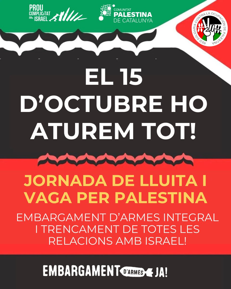 Consell Nacional de la Joventut de Catalunya (@cnjcat) on Twitter photo 🇵🇸El CNJC donem suport a la vaga organitzada en suport amb el poble palestí i us animem a participar en les mobilitzacions convocades.
Per una Palestina lliure del riu fins al mar, demà sortim als carrers!✊ 🇵🇸El CNJC donem suport a la vaga organitzada en suport amb el poble palestí i us animem a participar en les mobilitzacions convocades.
Per una Palestina lliure del riu fins al mar, demà sortim als carrers!✊