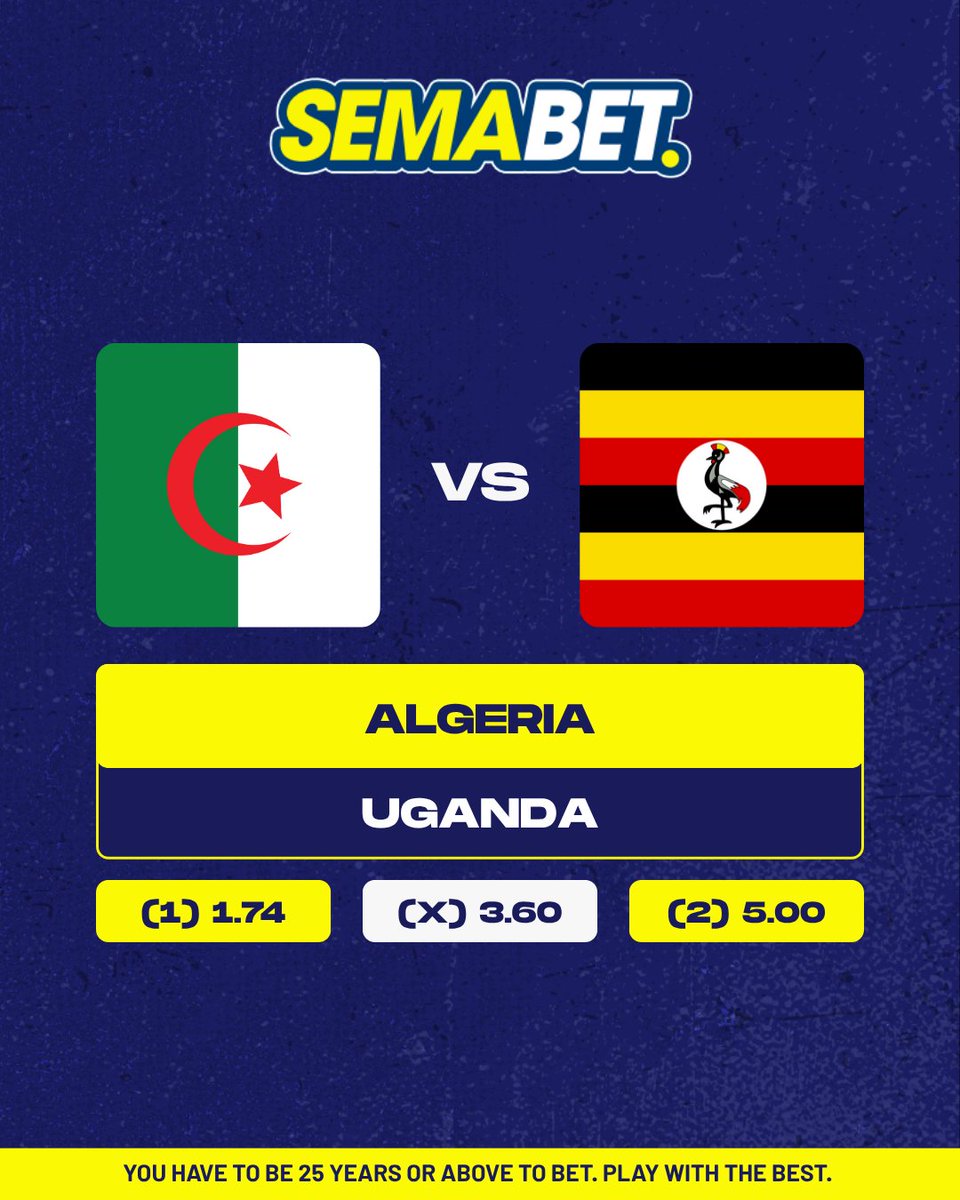 ⚡️ Algeria vs Uganda - The Odds Are In! ⚡️

Who’s taking the win today? 👀

📲 Play now on semabet.ug 

#Uganda