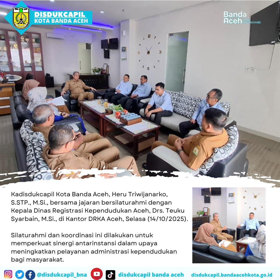 Assalamu'alaikum 
Hai Sobat Dukcapil Kota Banda Aceh 

Kadisdukcapil Kota Banda Aceh beserta jajaran bersilahturahmi dan melakukan koordinasi ke @drka.aceh pada selasa 14/10/2025 

#rapat #koordinasi #ktp