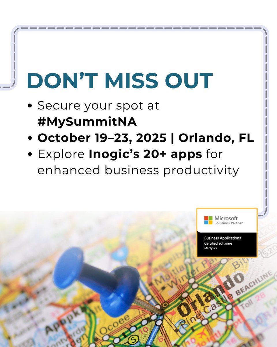 inogic's tweet image. Gear up for the biggest #Dynamics365 event of the year, #CommunitySummitNA 2025. 
Meet Team #Maplytics at Booth #1240 &amp;amp; experience the future of geo-analytics with MapCopilot, Azure Maps integration, &amp;amp; demos of 20+ productivity apps.

October 19–23, 2025 | Orlando, FL
#mysummitNA
