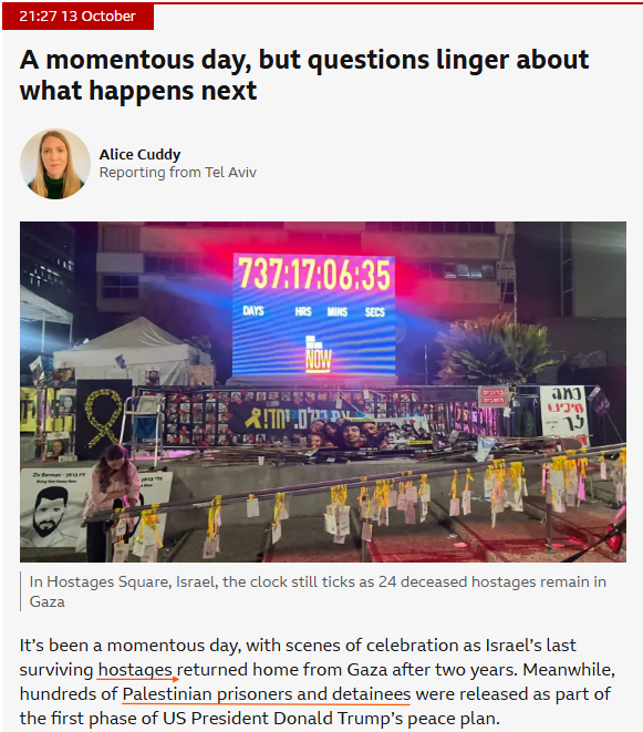 cfmmuk's tweet photo. New Data: @cfmmuk found how from Oct 10–13, 2025, @BBCNews mentioned “hostages” 4,571× but “detainees” just 398×  & “prisoners” 1,307×

This language shapes public perception. Palestinians detained (often without charge, incl. children) were almost never described as “hostages.”