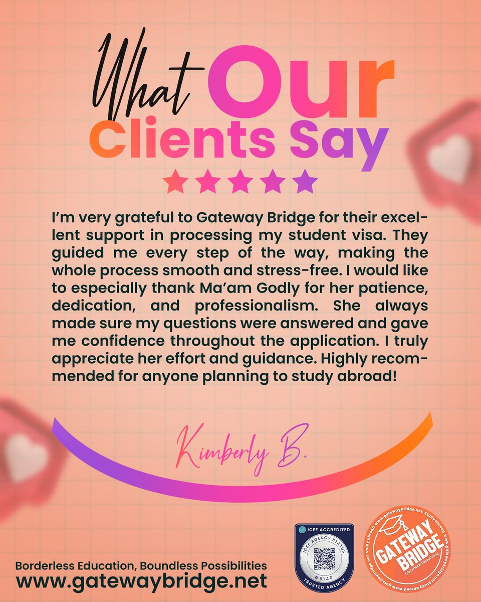 For Kimberly, studying abroad wasn’t just about chasing a dream — it was about finding the right people to help her get there.

🔗gatewaybridge.net/contactus

#gatewaybridgeedu #clientreview #studyabroad