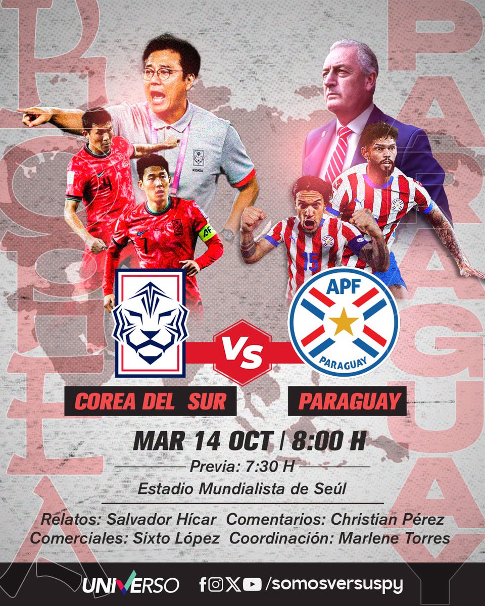 Desde las 7.30 estamos con la <a href="/Albirroja/">Selección Paraguaya</a> ante Corea, amistoso fecha Fifa, junto a <a href="/chrisperezz7/">Christian Pérez</a> en los comentarios, <a href="/MarleTorresPy/">Marlene Torres</a> en coordinación y <a href="/SixtoLopez57/">Sixto Lopez</a> en los comerciales por <a href="/Universo970py/">Universo 970 AM</a> y <a href="/SomosVersusPY/">Versus</a>