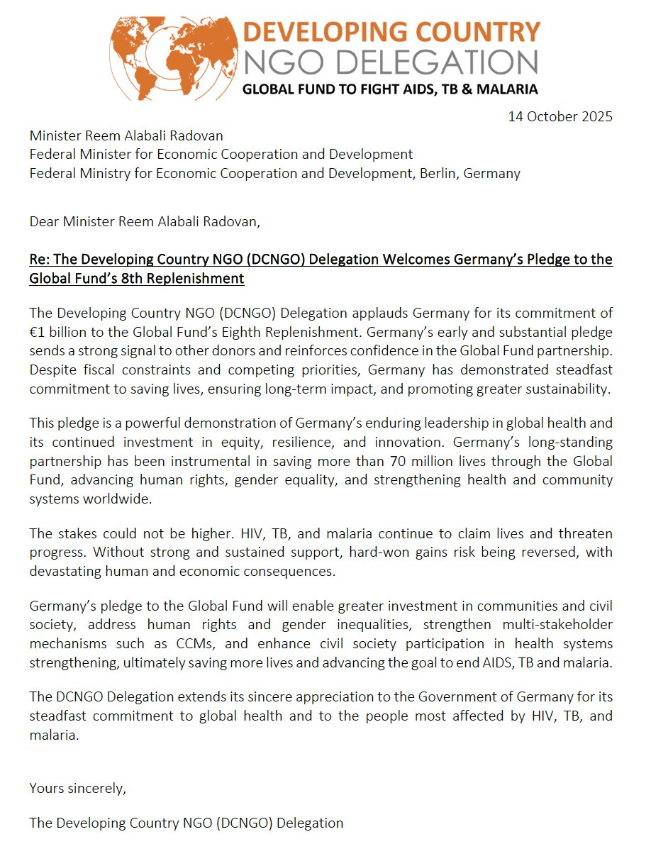 Thank u #Germany for your pledge to the <a href="/GlobalFund/">The Global Fund</a>  HIV, TB, &amp; malaria continue to claim lives &amp; threaten progress. Without strong &amp; sustained support hard-won gains risk being reversed, with devastating human &amp; economic consequences. developingngo.org/thank-you-germ… @yoli84