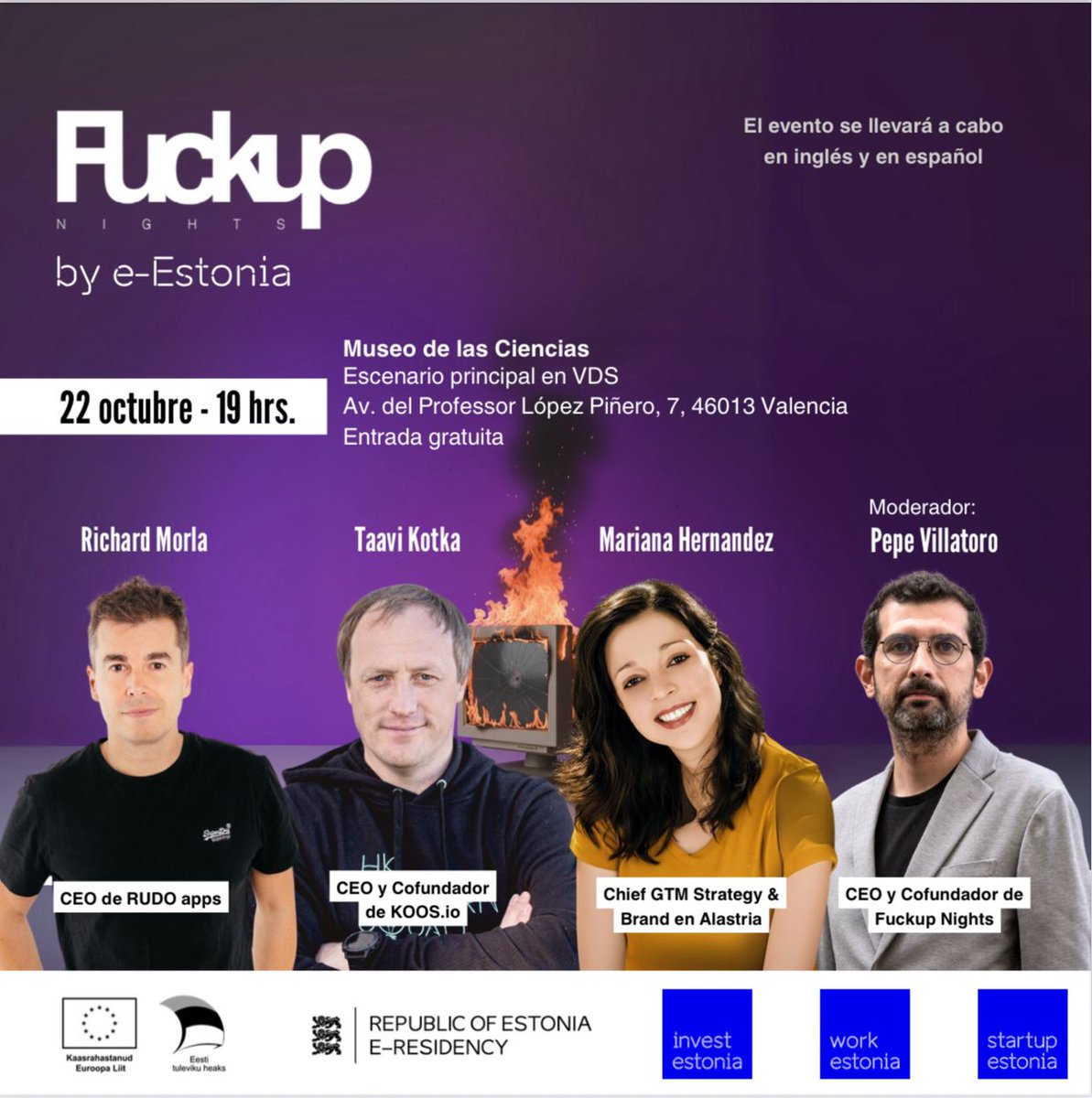 📢#FuckupNights by <a href="/e_Residents/">e-Residency: Estonia</a> en #Valencia. Speakers: 
​➡️Taavi Kotka, CEO  &amp; co-founder KOOS.io ➡️Mariana Hernandez, Chief GTM Strategy and Brand <a href="/Alastria_/">Alastria Blockchain Ecosystem</a> 
➡️<a href="/richardmorla/">Richard Morla</a>, CEO <a href="/RudoApps/">rudo</a> 
With <a href="/pepevillatoro/">Pepe Villatoro</a> CEO <a href="/FuckupNight/">Fuckup Nights</a>
📆22/10 
✍️luma.com/ckyzg0fu