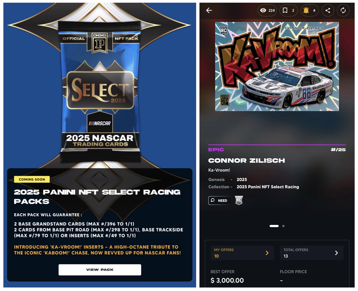Nascar #PaniniBlockchain pack is dropping this Friday.

A big hit is <a href="/ConnorZilisch/">Connor Zilisch</a> Ka-Vroom! /25. 

Spino-math to triangulate and justify my bounties $1k to support packs. 🧵

Calculate below printrun of physical Ka-Vroom=28. Initial price=$750 (released on 10/3).

$1k for BC ✅