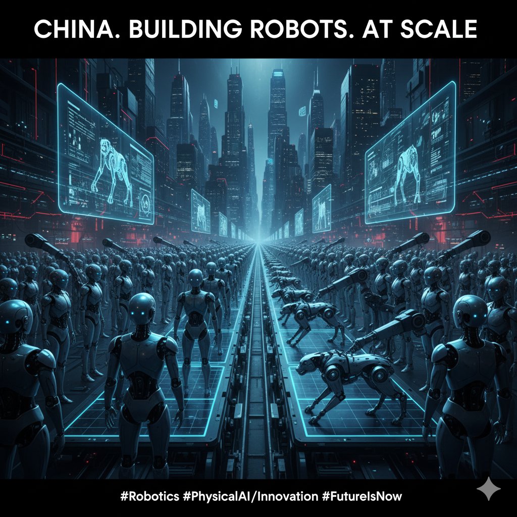 edgingstone's tweet image. China is building robots in numbers — humanoids, quadrupeds — scaling robotics adoption faster than ever. Physical AI isn’t fiction anymore. 🤖💪#Robotics #EmbodiedAI #TechScale #FutureFactories