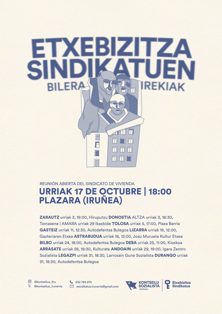 🔵 #EtxebizitzaSindikatua

Ostiral honetan, kurtsoko lehen bilera irekia antolatu di Iruñerriko Etxebizitza Sindikatu sozialistak.

Zure zain gaude! 

Batu borrokara kalitatezko etxebizitza dohako eta unibertsalaren alde.

📆 Urriak 17, 18:00
📌 Plazara (Iruñea)