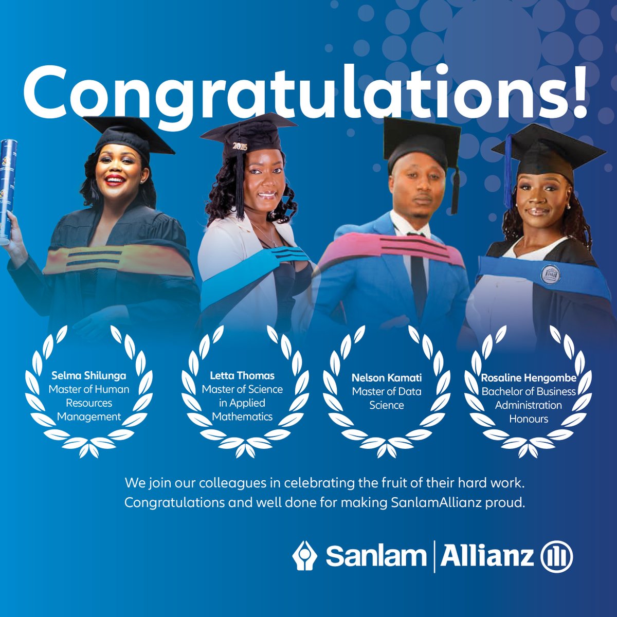 SanlamAllianzN's tweet image. Congratulations to our SanlamAllianzers on their graduation and for achieving this incredible milestone! 🎓👏 We’re so proud of your dedication and perseverance, &amp;amp; we can’t wait to witness the transformative impact you’ll continue to make on your journeys ahead. 💙
#ProudMoments