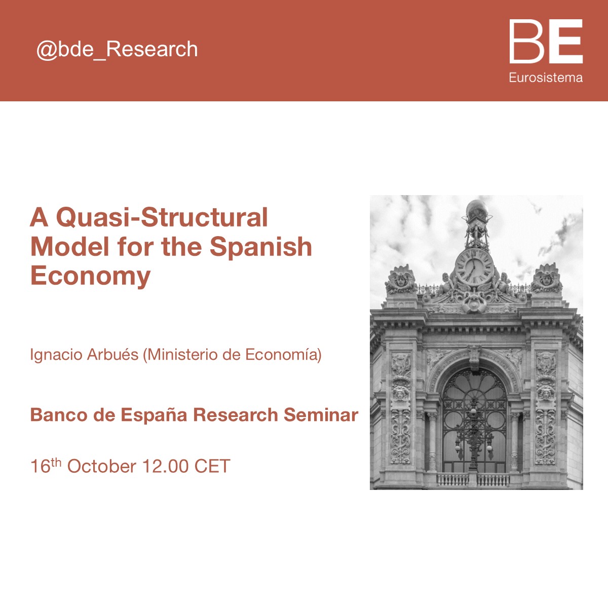 Next seminar: Ignacio Arbués ( Ministerio de Economía) will be presenting “A Quasi-Structural Model for the Spanish Economy” on Oct 16th, 12h CET. bde.es/wbe/en/areas-a…  #bdeResearch