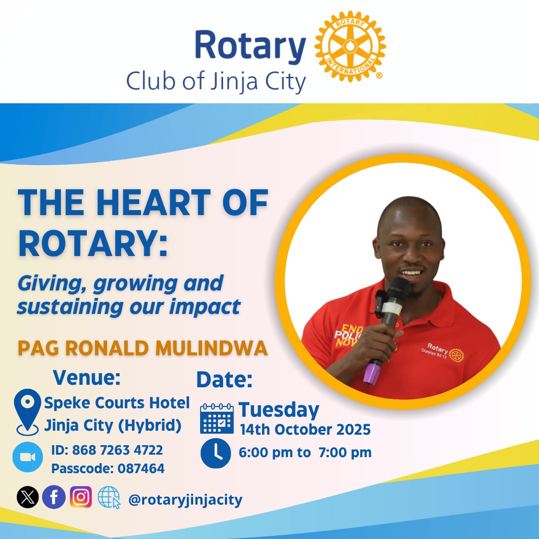 Rotary Club of Jinja City (@rotaryjinjacity) on Twitter photo Greetings dear friends and partners in service. You are all reminded and invited to join us this Tuesday evening for our weekly fellowship and meeting at Speke Courts Hotel <a href="/SCourtshotel/">SpekeCourtshotel</a> and online on Zoom for attendees in the diaspora from 6pm to 7pm GMT+3 #Rotary #JinjaCity Greetings dear friends and partners in service. You are all reminded and invited to join us this Tuesday evening for our weekly fellowship and meeting at Speke Courts Hotel <a href="/SCourtshotel/">SpekeCourtshotel</a> and online on Zoom for attendees in the diaspora from 6pm to 7pm GMT+3 #Rotary #JinjaCity
