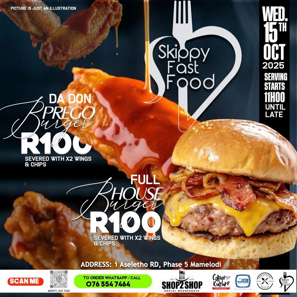 Tshepi155034032's tweet image. Tomorrow's Shop 2 Shop e tla mo Skippy Fast Food come enjoy our Juicy Burgers and Crispy Fried wings.. 
#TogetherAtTheTable
