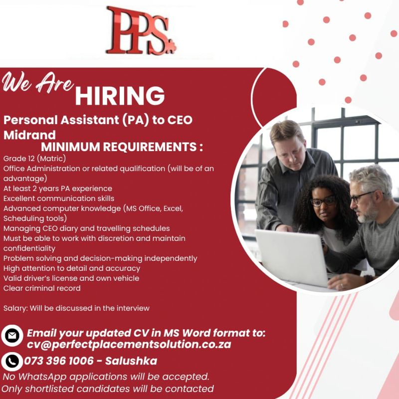 yuthconnect's tweet photo. URGENT Vacancy - Midrand 

We are seeking a Personal Assistant (PA) based in Midrand, JHB.

Must reside in Midrand and available immediately. 

Please read requirements before applying. https://t.co/Qp3pu0o0gY