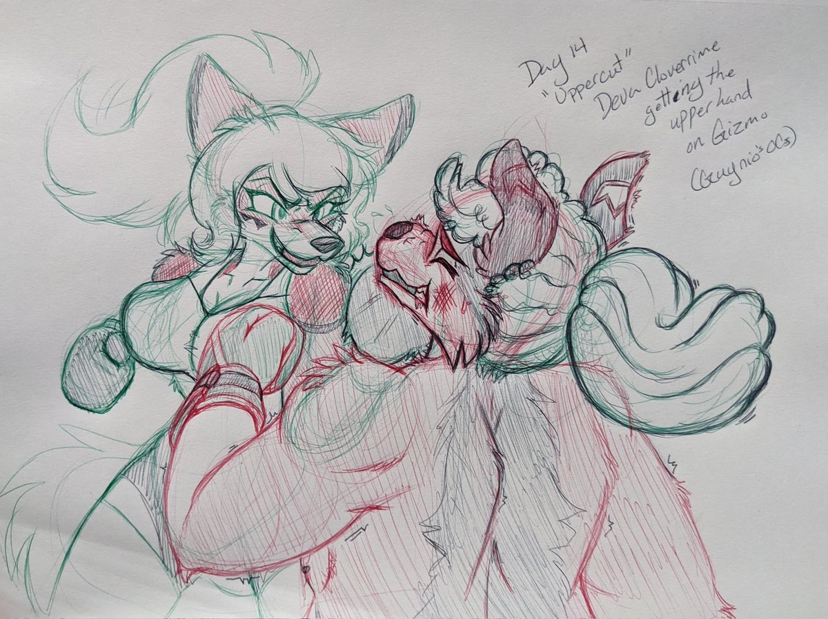 Fightober Day 14 Uppercut 

Diva going in with that left uppercut on Gizmo. Definitely a more difficult drawing for me as I don't do a lot of boxing.

#fightober #fightober2025 #uppercut