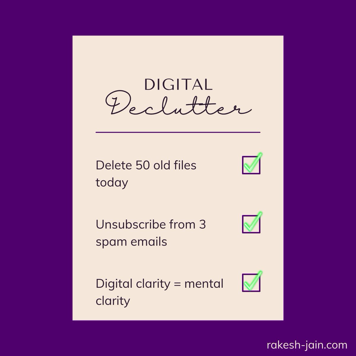 Rakesh_CCOP's tweet image. Take a few moments today for a simple digital declutter. The goal isn't just to clean up files but to create space for focus and clarity. Small actions, big mental rewards.
#DigitalDeclutter #MentalClarity #DigitalWellness #Productivity #OrganizedLife #TechHabits #RakeshJain