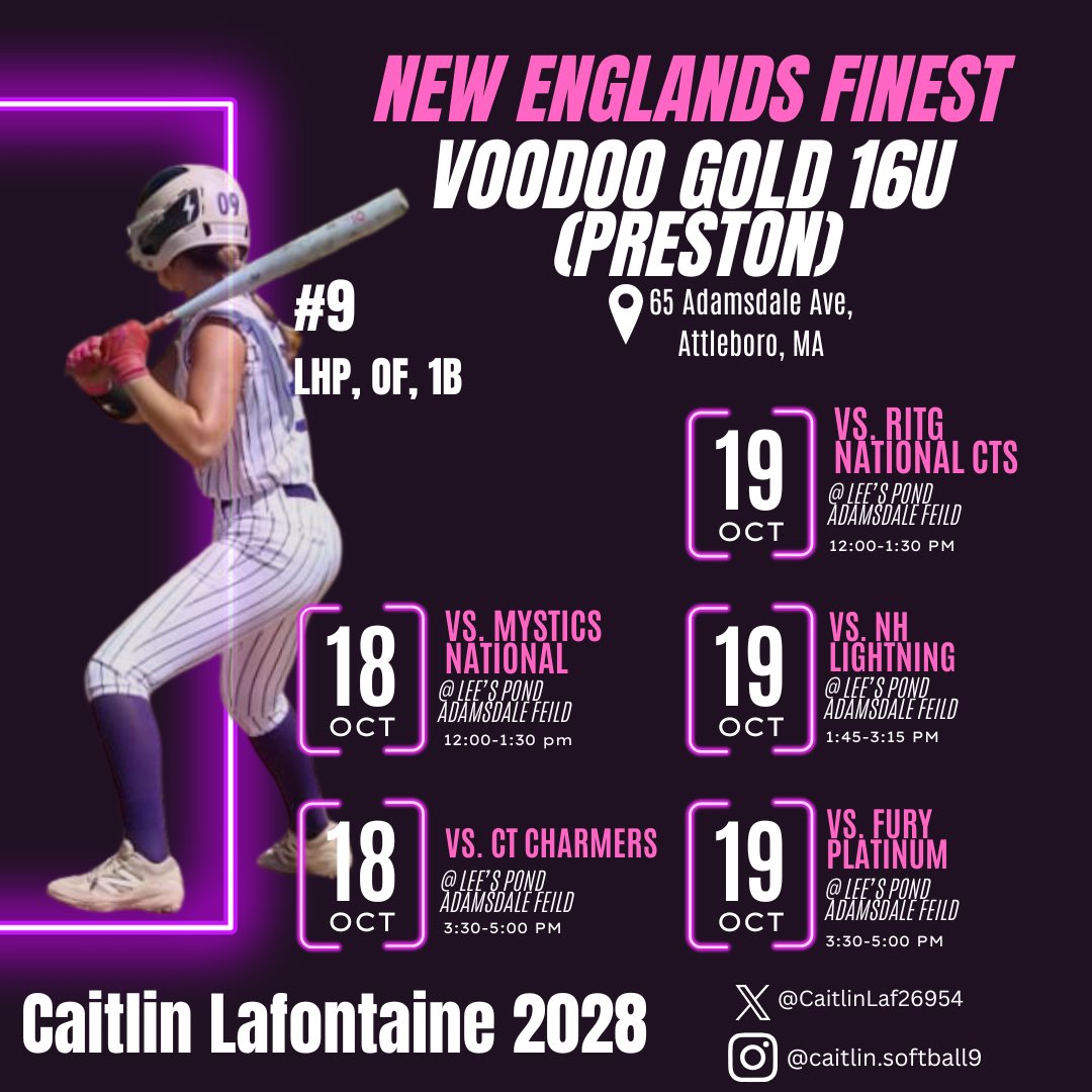 Caitlin Lafontaine 2028 (@caitlinlaf26954) on Twitter photo come watch my team this weekend at the New Englands Finest showcase in Attleboro, MA!! <a href="/16uVoodoo/">Voodoo Preston Gold</a> <a href="/VoodooSBRecruit/">Voodoo_SB College Recruiting</a> <a href="/CoastRecruitsSB/">Coast Recruits π₯</a> <a href="/RhodySoftball/">Rhode Island Softball</a> <a href="/ExtraInningSB/">EXTRA INNING SOFTBALL</a> come watch my team this weekend at the New Englands Finest showcase in Attleboro, MA!! <a href="/16uVoodoo/">Voodoo Preston Gold</a> <a href="/VoodooSBRecruit/">Voodoo_SB College Recruiting</a> <a href="/CoastRecruitsSB/">Coast Recruits π₯</a> <a href="/RhodySoftball/">Rhode Island Softball</a> <a href="/ExtraInningSB/">EXTRA INNING SOFTBALL</a>