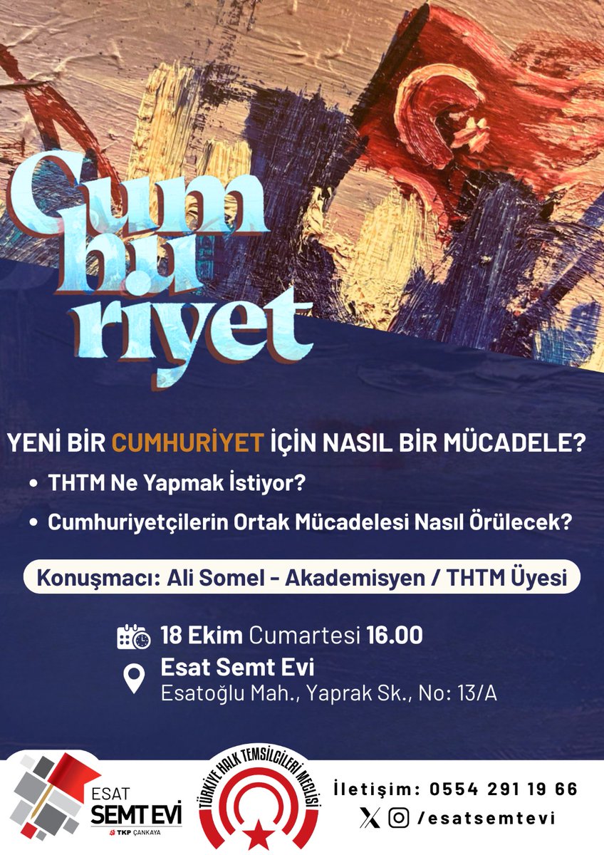 "Yeni Bir Cumhuriyet için Nasıl Bir Mücadele?"başlığında Esat Semt Evi ile ortak etkinliğimizde "THTM ne yapmak istiyor?" ve "Cumhuriyetçilerin ortak mücadelesi nasıl örülecek?" sorularını tartışacağız. 
🗓️ 18 Ekim Cumartesi
🕓 Saat 16.00
📍 Esat Semt Evi