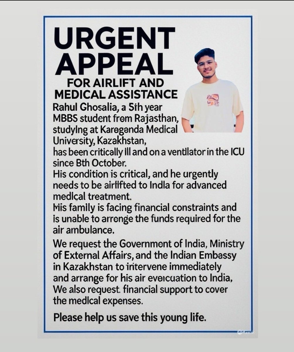 YogitaSharma599's tweet photo. We request @PMOIndia  @narendramodi  @BhajanlalBjp @DrSJaishankar  @MEAIndia #SaveRahulFMGEKZ #SaveRahulGhosaliya 
to airlift him urgently for treatment in India and please intervene in this matter ASAP 🚨🚨🚨🚨🚨🚨🚨🚨🚨 https://t.co/XZeQKPFOCN