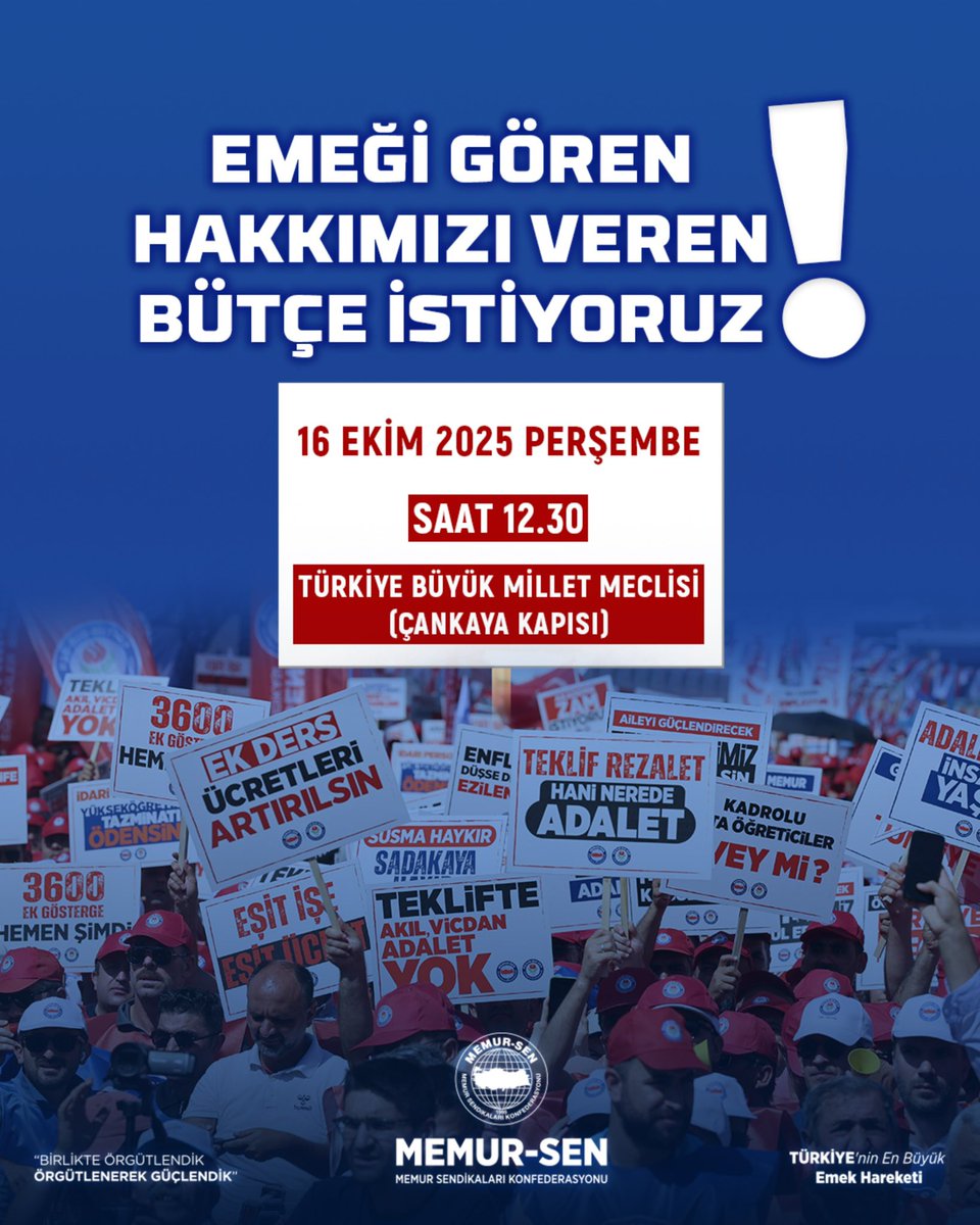 EYLEM DUYURUSU

Emeği Gören, Hakkımızı Veren Bütçe İstiyoruz!

Kamu görevlileri olarak alın terimizin, emeğimizin ve haklı beklentilerimizin karşılığını istiyoruz.
Bütçe Meclis’e sunuluyor. Memur-Sen olarak “emeği gören, hakkımızı veren” bir bütçe talebimizi güçlü bir sesle dile