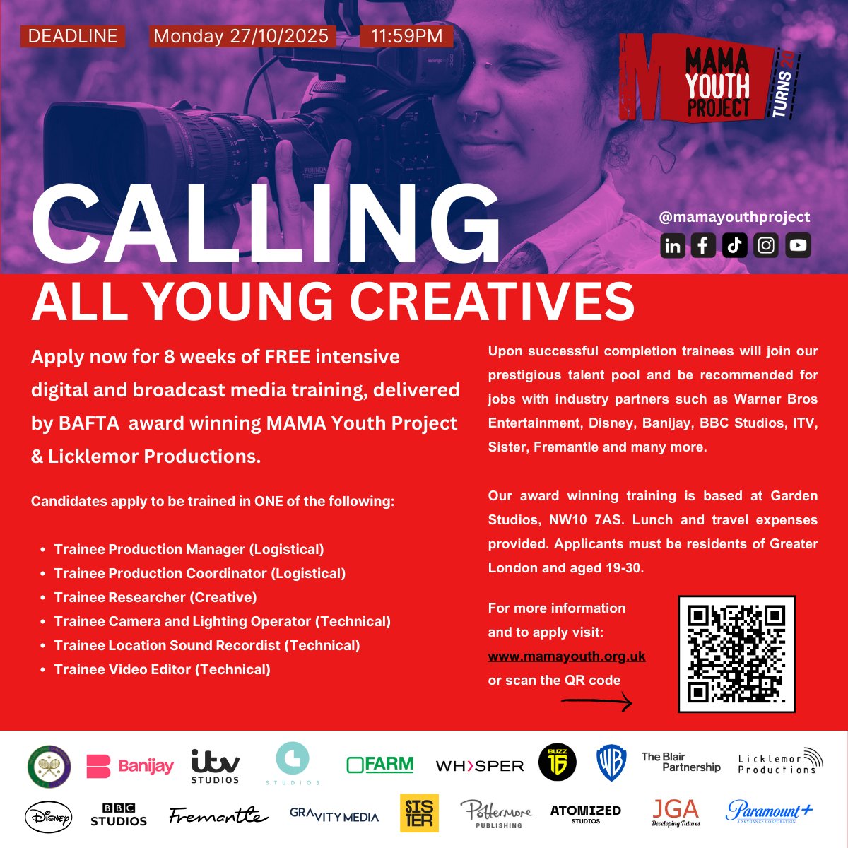 🚨13 days till DEADLINE🚨

🎬 CALLING ALL YOUNG CREATIVES! 🎥 

🎖️ BAFTA award-winning FREE 8-week training in digital &amp; broadcast media!

👉 Apply now: mamayouth.org.uk or click the link in the bio 🔗