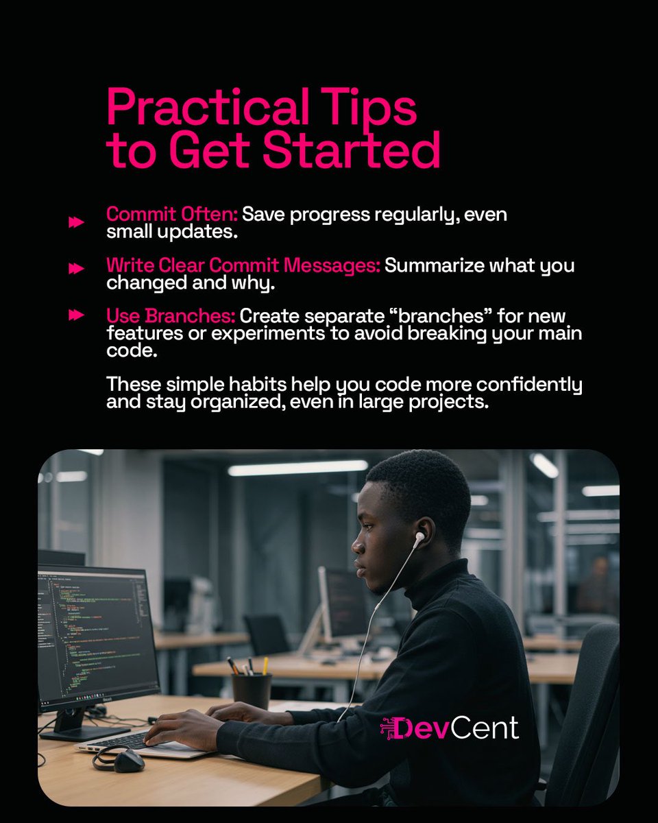 DevcentNg's tweet image. Tech Term: Git — Version control that tracks your code history.
Tip: Commit often, write clear messages, use branches for features.
Save this and try a simple commit today. ✅
#DevcentTechEdu #TechSimplified