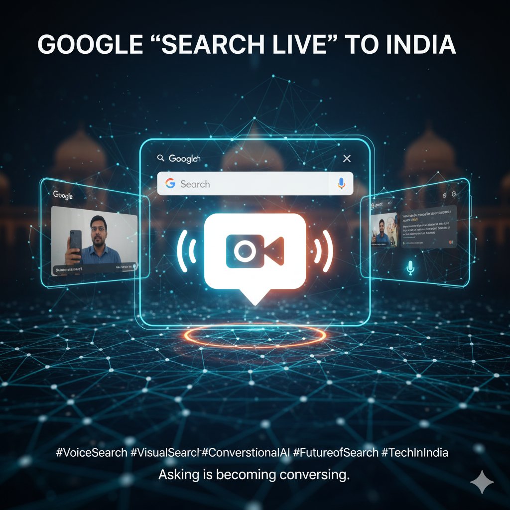 edgingstone's tweet image. Google is bringing “Search Live” to India — voice + video + back-and-forth conversation in search. Asking is becoming conversing. 🔍🎙️#SearchLive #VoiceTech #InteractiveAI #IndiaTech