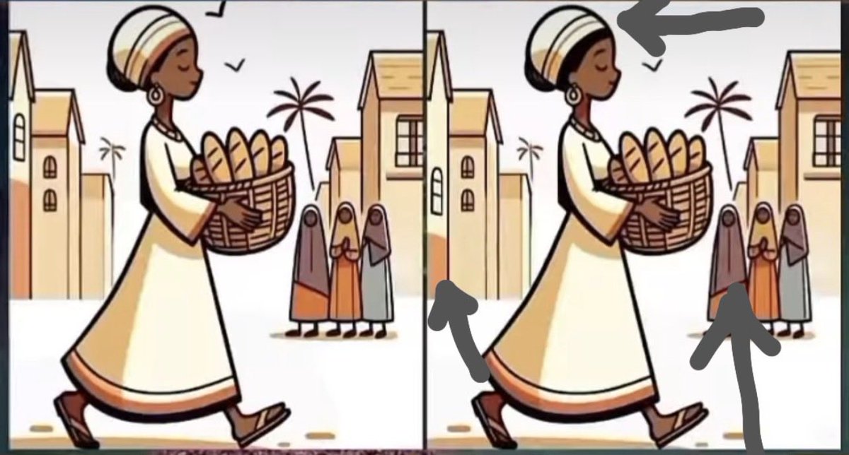 *le voile de la dame en Orange derrière est limité du sens contraire 
*Le foulard est différent 
*La peinture orange sur le mur du bâtiment derrière…