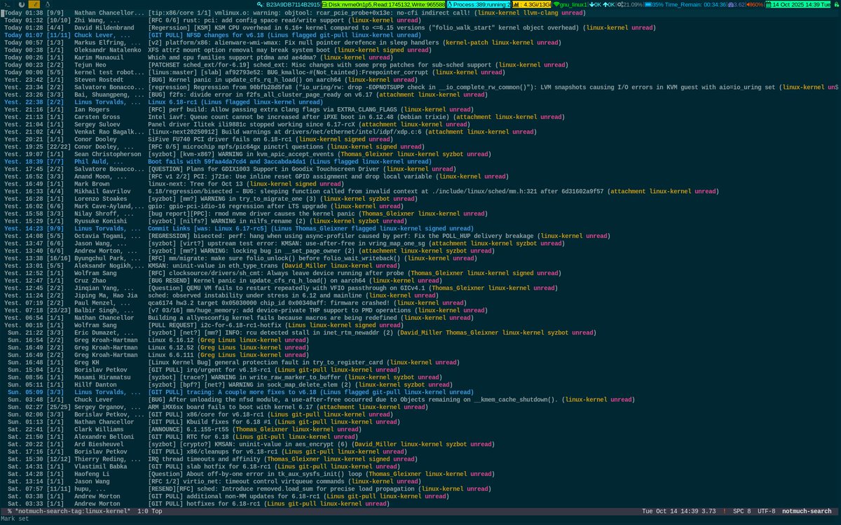 unixbhaskar's tweet image. While sipping hot Green Tea 🍵 and giving it a stare ...
#linuxkernel #mailinglist #tool #emacs #notmuch #opensource