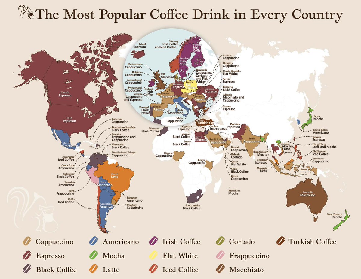 ☕️🗺️ Este mapa recoge, de forma muy visual, la preparación de #café más típica que se toma en cada país. En España, el cappuccino, ¿estás de acuerdo? xataka.com/magnet/este-ma… Vía: <a href="/xataka/">xataka</a>