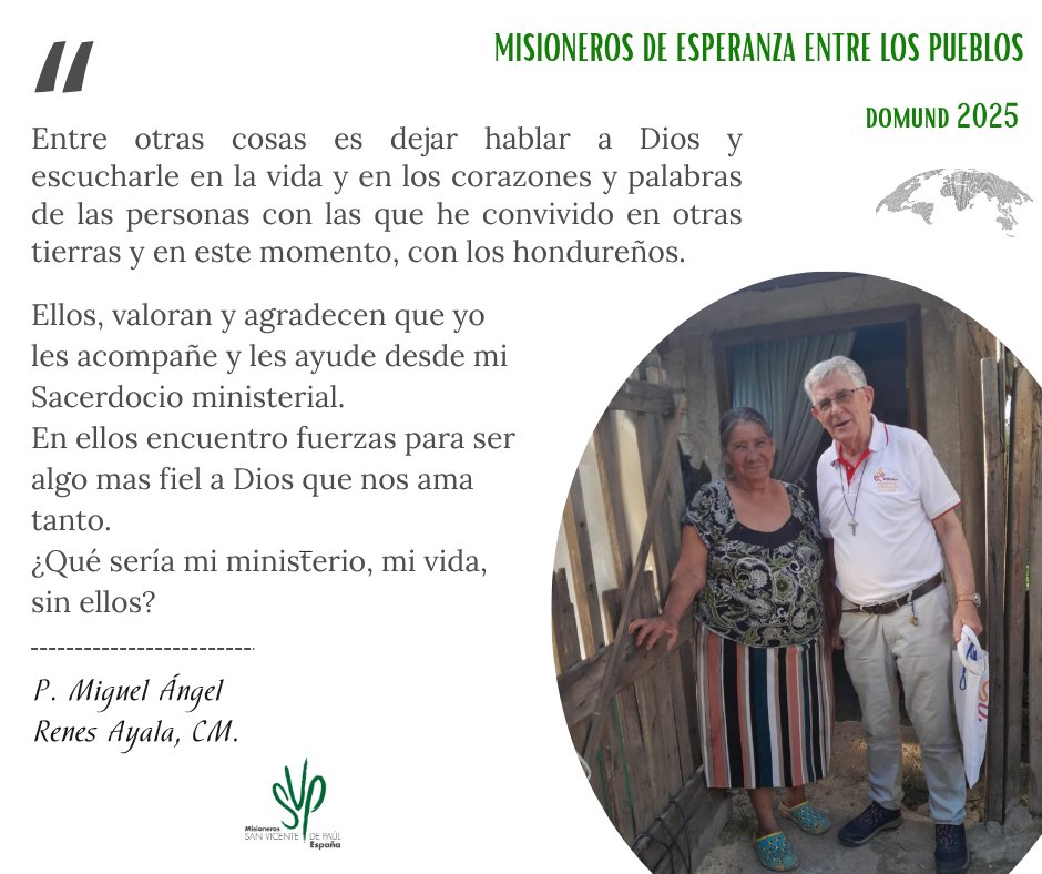 📢 Nos unimos a la celebración del #Domund2025, “Misioneros de esperanza entre los pueblos”.

Nuestros misioneros responden a la pregunta:
👉 ¿Qué es para ti ser misionero?

🎙️ El P. Miguel Ángel Renes Ayala, CM, misionero en Rep. Dominicana, Cuba, Mozambique y Honduras.
Hoy