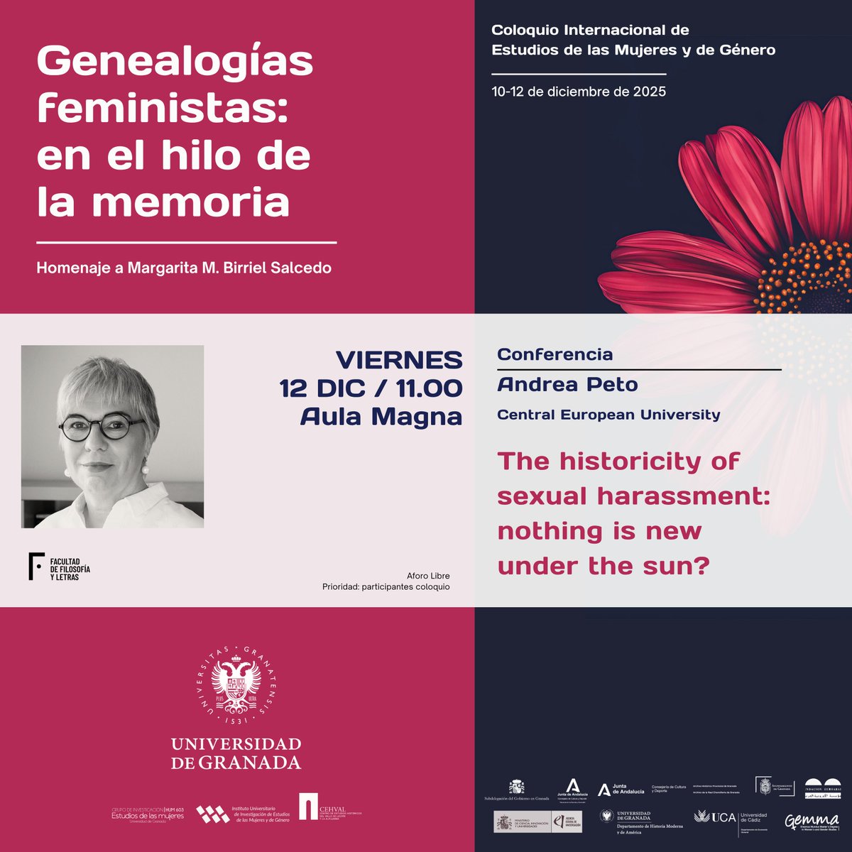 📅 Del 10 al 12 de diciembre se celebra en Granada el Coloquio Internacional Genealogías feministas: en el hilo de la memoria.

Conferenciantes: Merry E. Wiesner-Hanks y Andrea Peto

👉 Más info: cehval.es/el-coloquio-in…

#GenealogíasFeministas #EstudiosDeGénero