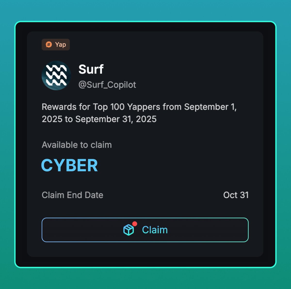 The September rewards for the <a href="/Surf_Copilot/">Surf</a> creator campaign are now live!

Head to the airdrops tab now to see if you're eligible 🤝