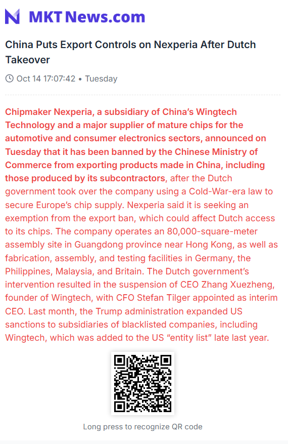 🇨🇳🇳🇱China Puts Export Controls on Nexperia After Dutch Takeover
Chipmaker Nexperia, a subsidiary of China’s Wingtech Technology and a major supplier of mature chips for the automotive and consumer electronics sectors, announced on Tuesday that it has been banned by the Chinese