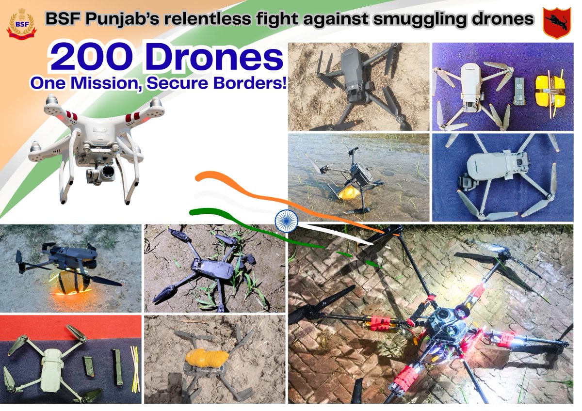 RubiHassain786's tweet image. India salutes the bravery of BSF Punjab!
200 Pakistani drones and deadly contraband seized — nation protected once again. 🇮🇳
#AlertBSF #BSFAgainstDrugs #BSFDroneSlayers