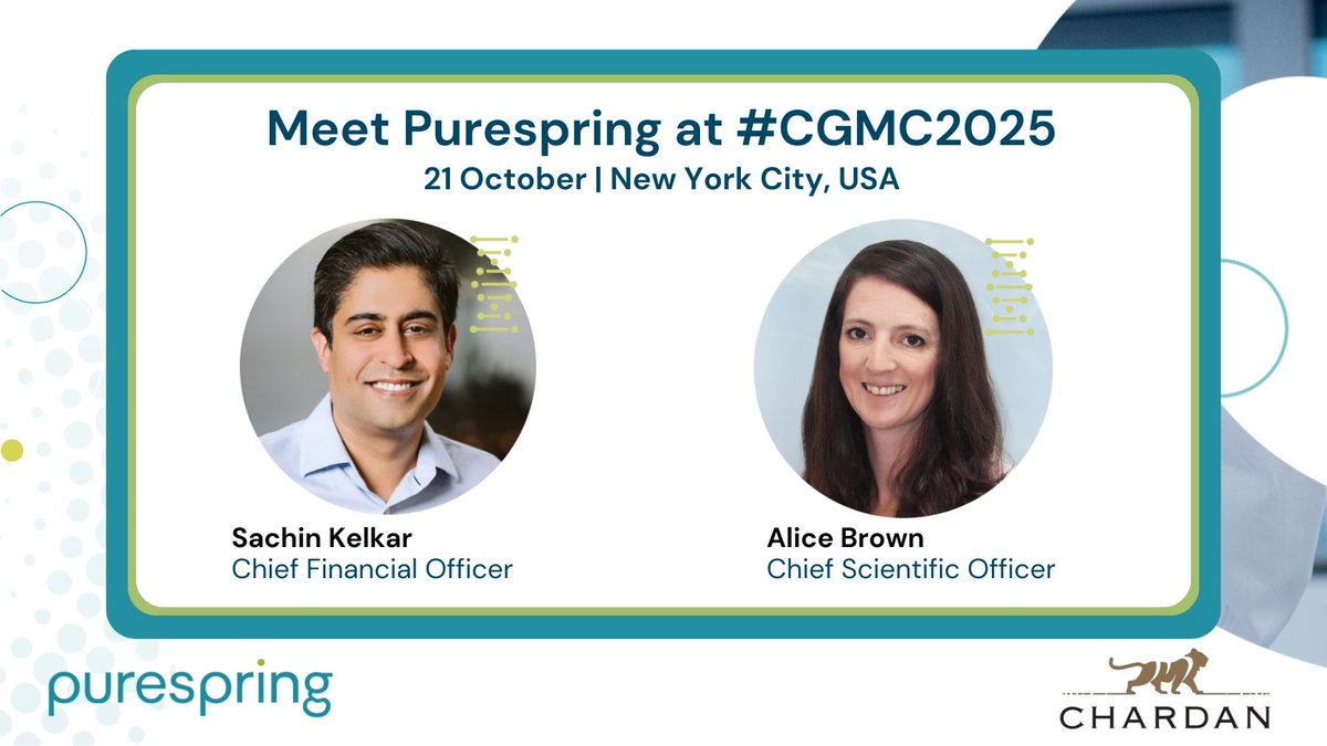 Our CFO, Sachin Kelkar, and CSO, Alice Brown, will be in New York City on 21 October to present at <a href="/ChardanCM/">Chardan</a>’s 9th Annual #GeneticMedicinesConference. If you would like to learn more, reach out to set up a meeting: purespringtx.com/purespring-the…

#PrecisionNephrology #CGMC2025