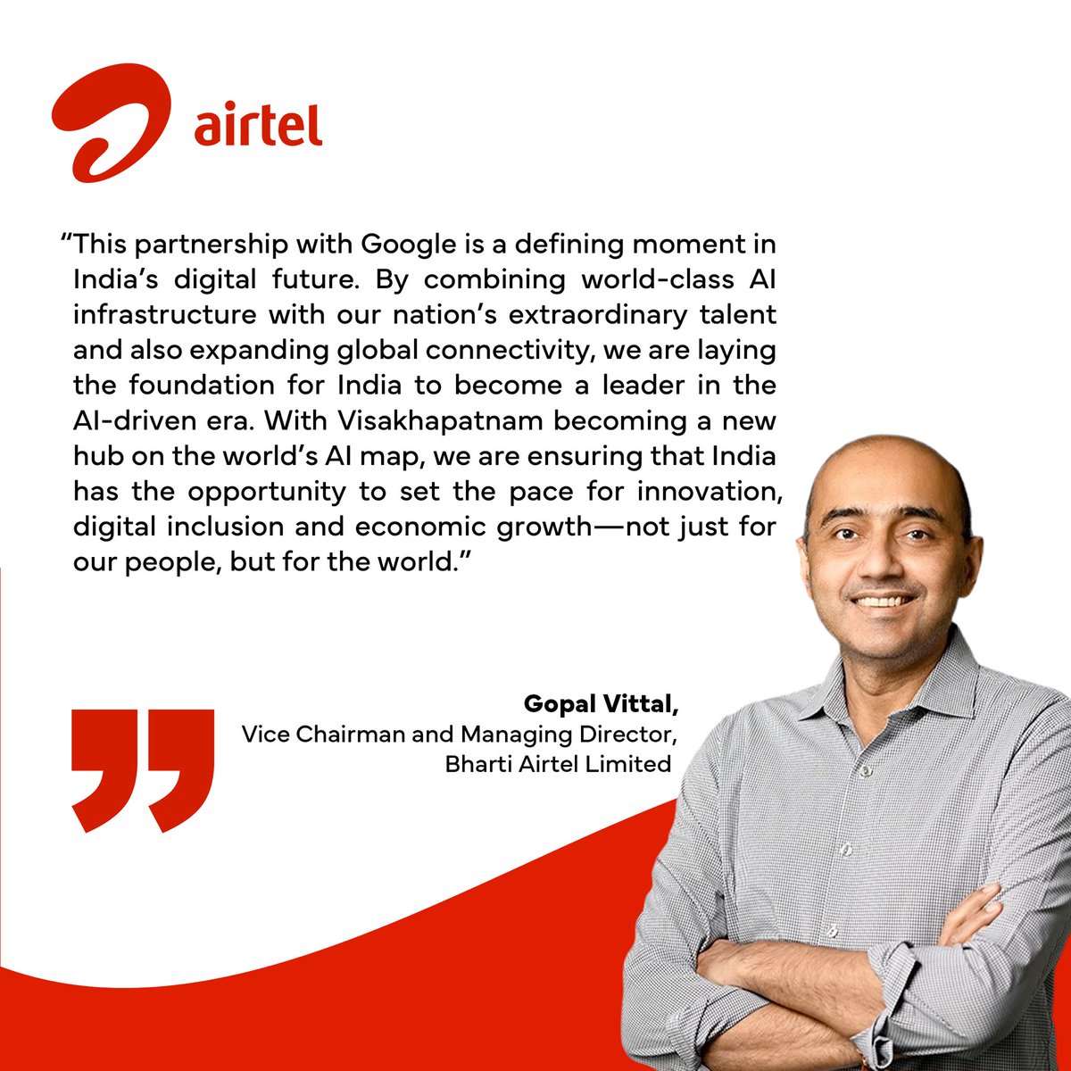 airtelnews's tweet image. Bharti Airtel has entered into a strategic partnership with Google to set up India’s first AI hub in Visakhapatnam, Andhra Pradesh. With this, Airtel will establish a gigawatt-scale data center that is capable of handling the most demanding AI workloads in India. Additionally,…