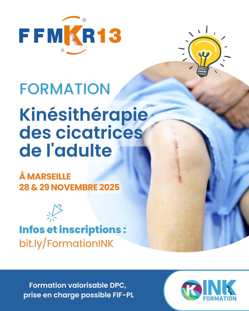 🎓 Formation kinés : cicatrices de l’adulte, 28-29/11 à Marseille avec <a href="/Inkformation/">INK Formation</a>  !

👉 Théorie + pratique
 👉 Prise en charge DPC &amp; FIF-PL
➡️ Infos &amp; inscription : bit.ly/FormationINK

#kiné #formation #Marseille #FFMKR13
