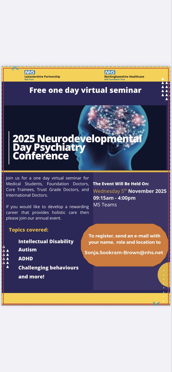 dekafeka's tweet photo. Inviting Core trainees, international Doctors and medical students to our Neurodevelopmental conference on 5th November 2025. It’s a Free virtual conference, featuring lectures on ADHD, Autism, Challenging Behaviours, etc by Consultants. Attendees will receive certificates. https://t.co/FtAHBuky2G