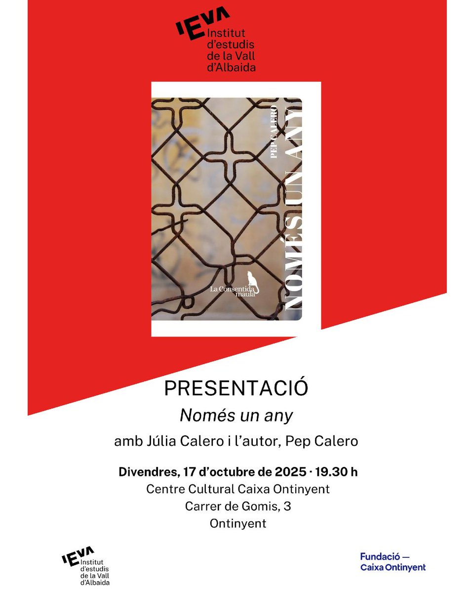 IEVA (@ievallalbaida) on Twitter photo 📖Divendres vos presentem "Només un any", el nou poemari del nostre soci Pep Calero
🕢19.30 h
ℹ️Centre Cultural Caixa Ontinyent <a href="/fundaciocao/">Fundació Caixa Ontinyent</a>
<a href="/MlaValldAlbaida/">La Vall d'Albaida</a> <a href="/ajOntinyent/">Ajuntament d'Ontinyent</a> <a href="/inst_estudis_PV/">Federació d'Instituts d'Estudis del PV</a> <a href="/iramunt/">Institut Ramon Muntaner</a> 📖Divendres vos presentem "Només un any", el nou poemari del nostre soci Pep Calero
🕢19.30 h
ℹ️Centre Cultural Caixa Ontinyent <a href="/fundaciocao/">Fundació Caixa Ontinyent</a>
<a href="/MlaValldAlbaida/">La Vall d'Albaida</a> <a href="/ajOntinyent/">Ajuntament d'Ontinyent</a> <a href="/inst_estudis_PV/">Federació d'Instituts d'Estudis del PV</a> <a href="/iramunt/">Institut Ramon Muntaner</a>